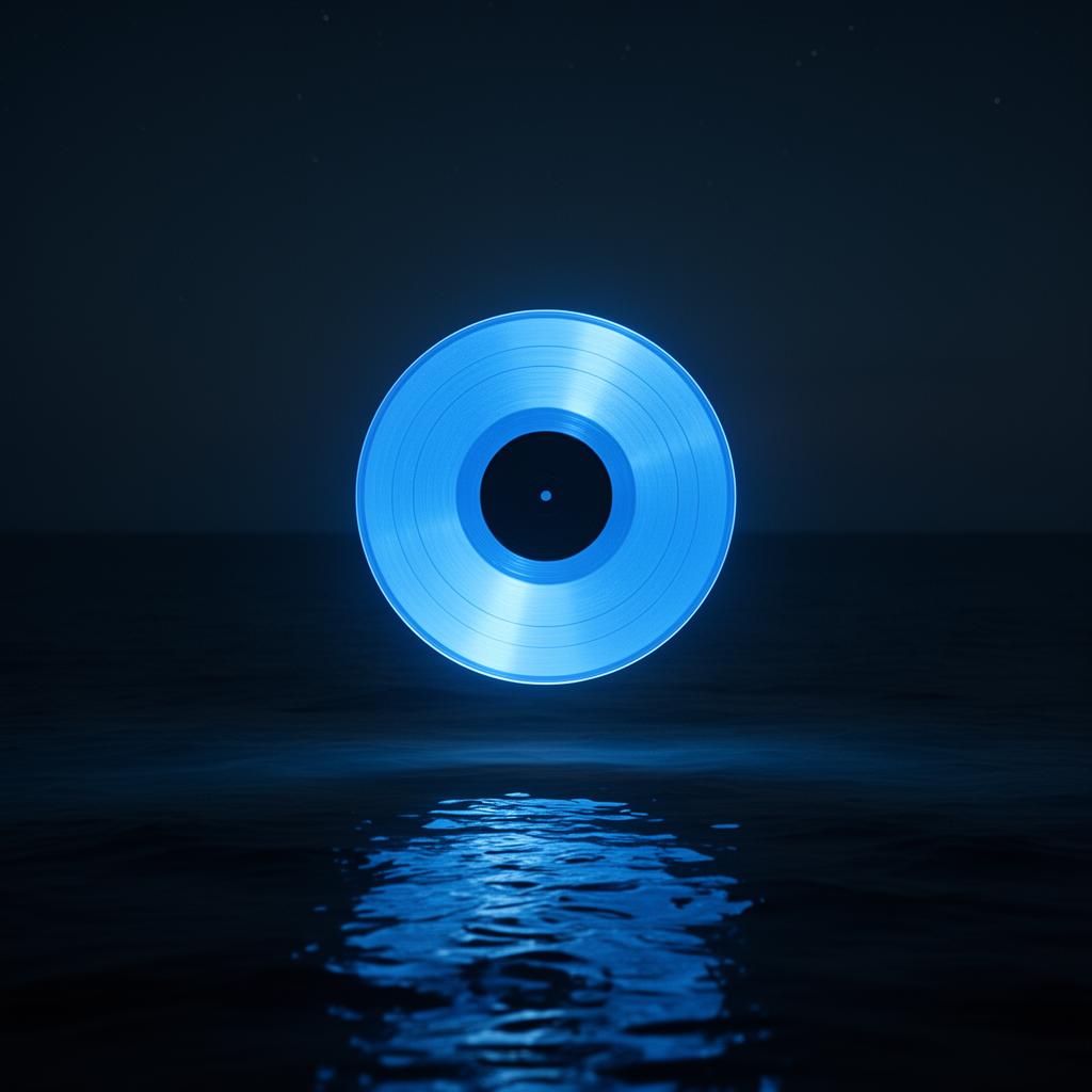 Glowing blue vinyl record floating over dark water